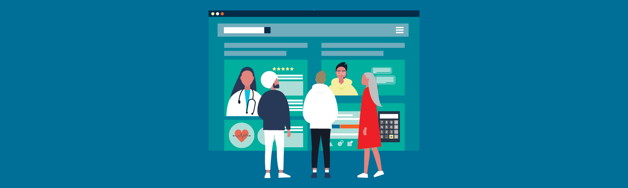 Illustration of patients interacting with health plan website